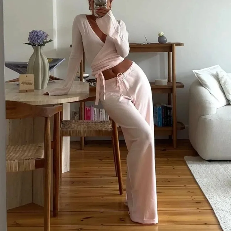 

2025 Women Fashion Lounge Set Vintage 2 Piece Outfit V Neck Waist Tie T-shirt Elastic Waist Pants Autumn Long Sleeve Crop Tops