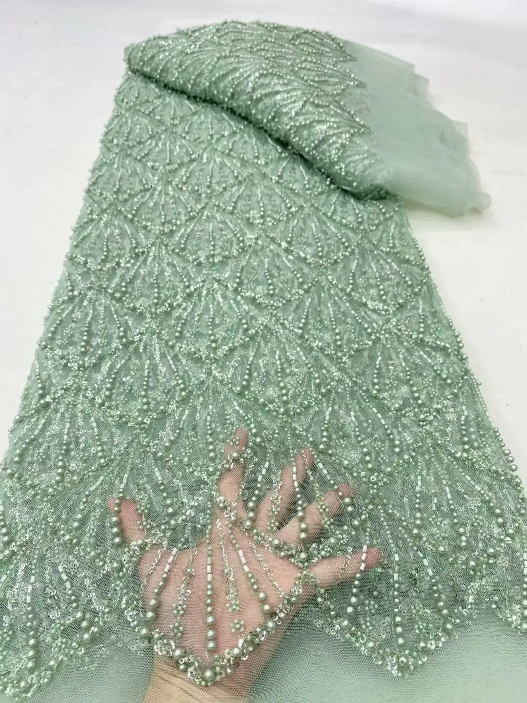

French Mesh Beads Lace Fabric African Sequins Lace Fabrics 2025 High Quality Nigerian Tulle Net For Sewing Women Dresses 5 Yards