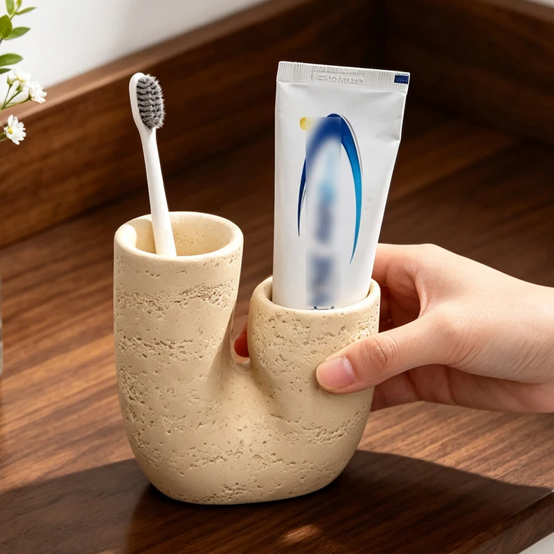Travertine Texture Toothbrush Holder Double-hole Irregular Resin Toothpaste Storage Holder Creative Bathroom Dresser Storage Box