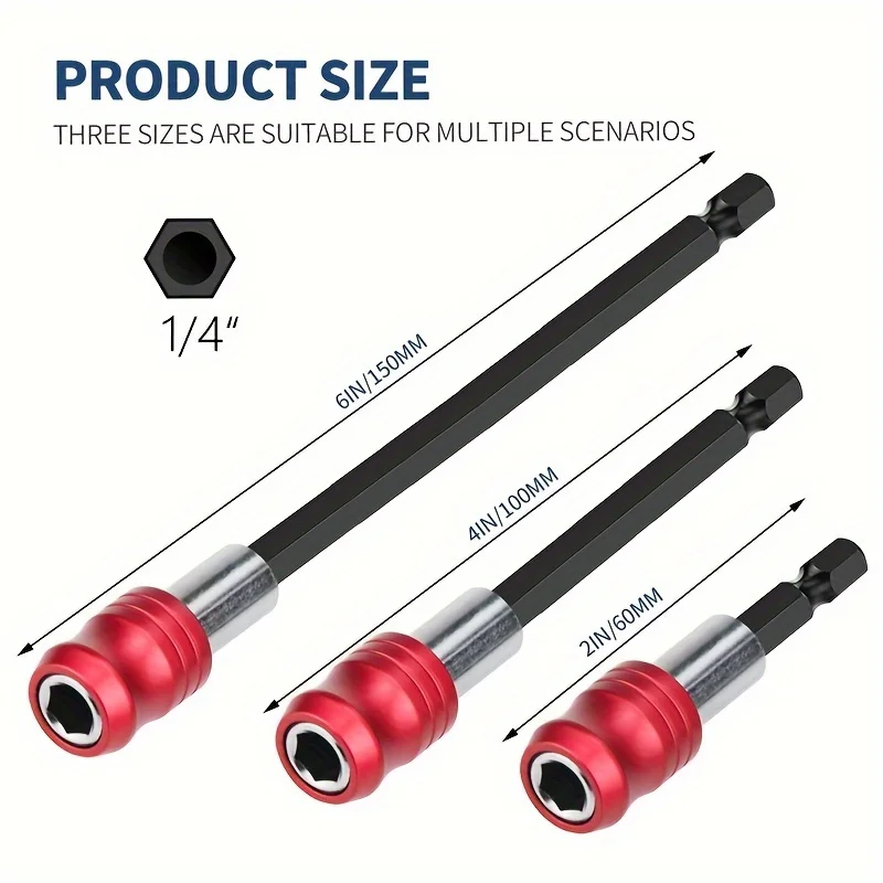 3-piece set of hexagonal handle red quick release self-locking extension rod 60/100/150mm screwdriver head extension rod