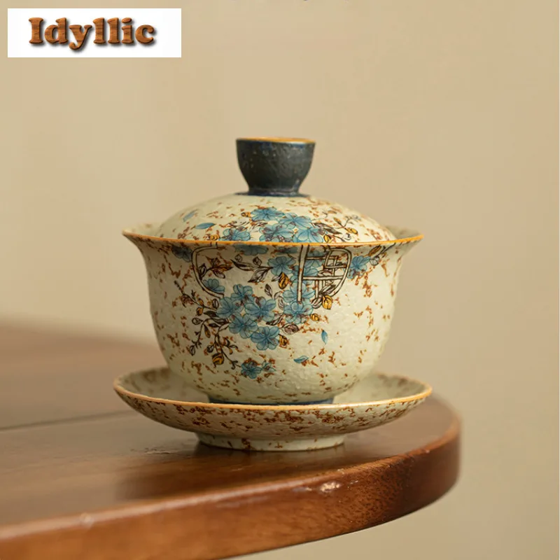 170 مللي تتبع الذهب الأزرق والأبيض النار الحجر الأحمر تحوم Gaiwan الفاخرة الشاي تورين وعاء الشاي مع غطاء عدة صانع الشاي غطاء السلطانية المقاهي #2