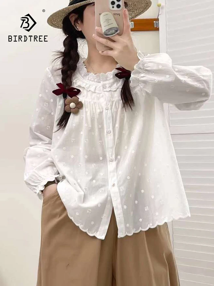 

New 2025 Winter Cotton Long Sleeve Shirt, Women Ruffled Flocking Dots, Mori Girl French Design Sweet INS Loose Blouse T5N022CC