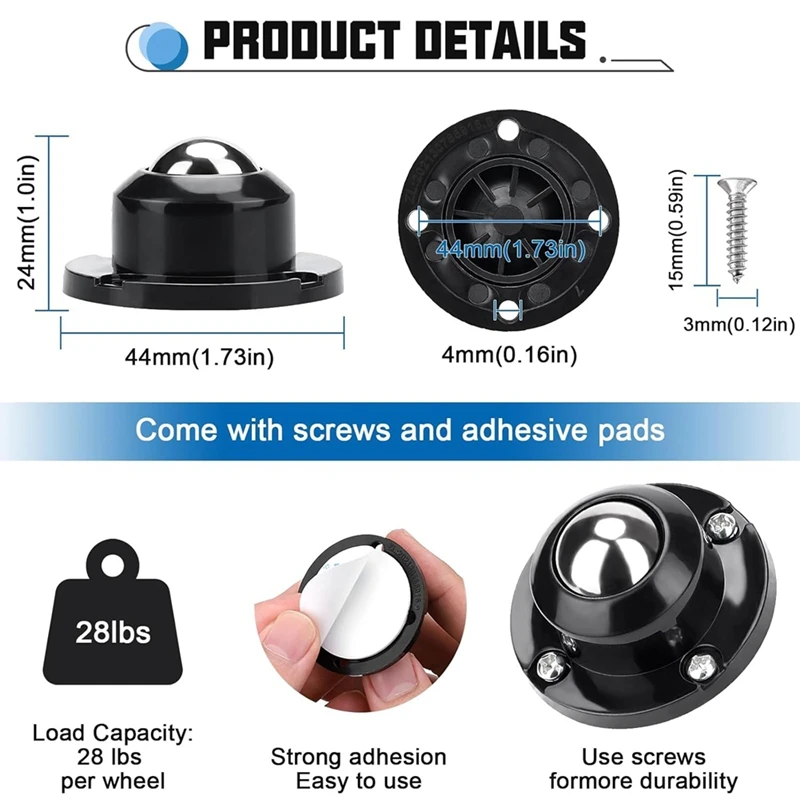 ABJI-16Pcs1inch Self Adhesive Caster Wheels For Furniture,28LBS Load Capacity, Swivel Wheels For Small Appliance Storage Bins