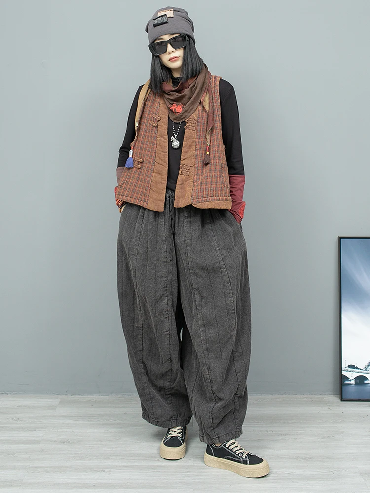 

Ethnic Style Retro Literary Plaid Buckle Vest Elastic Waist Wide Leg Pants Two-piece Set Women's Autumn And Winter Fashion Suit