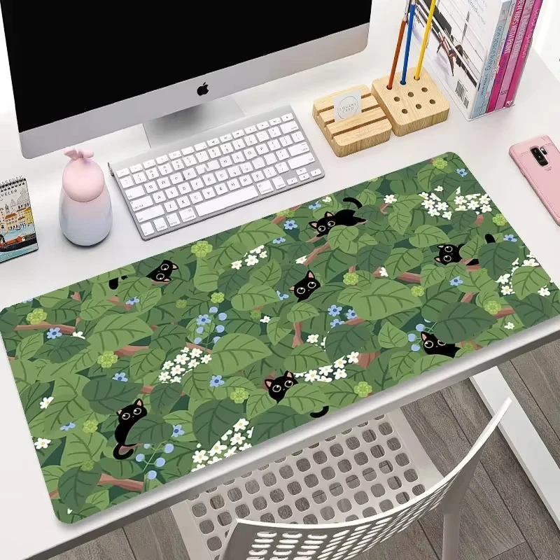 VIKAMA Fresh Botanical Hide And Seek Black Cat XXL Desk Mat Non Slip Rubber Gaming Mouse Pad Pet Lover Home Office Table Decor