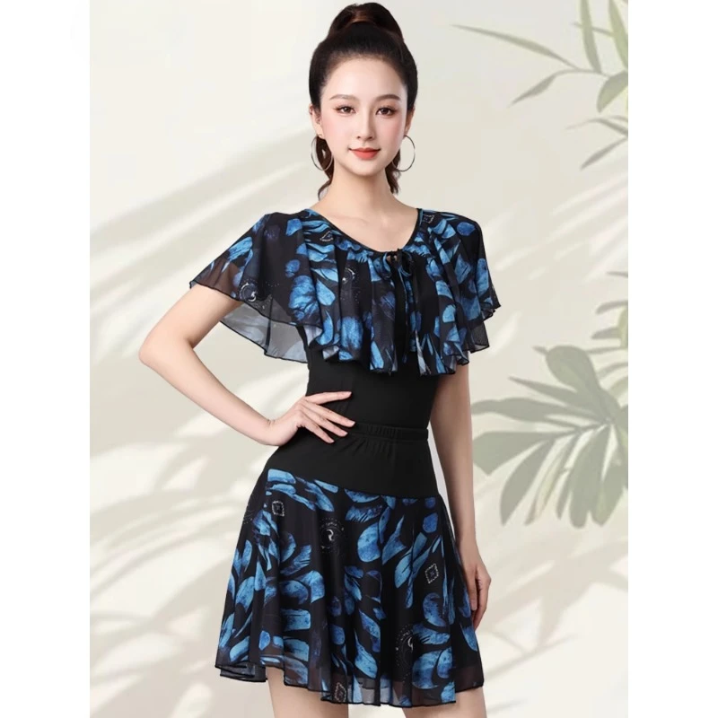 라틴 댄스 의상 메쉬 프린트 반소매 스커트 슈트 우아한 댄스 의상 여성 파티 드레스 국가 표준 연수회