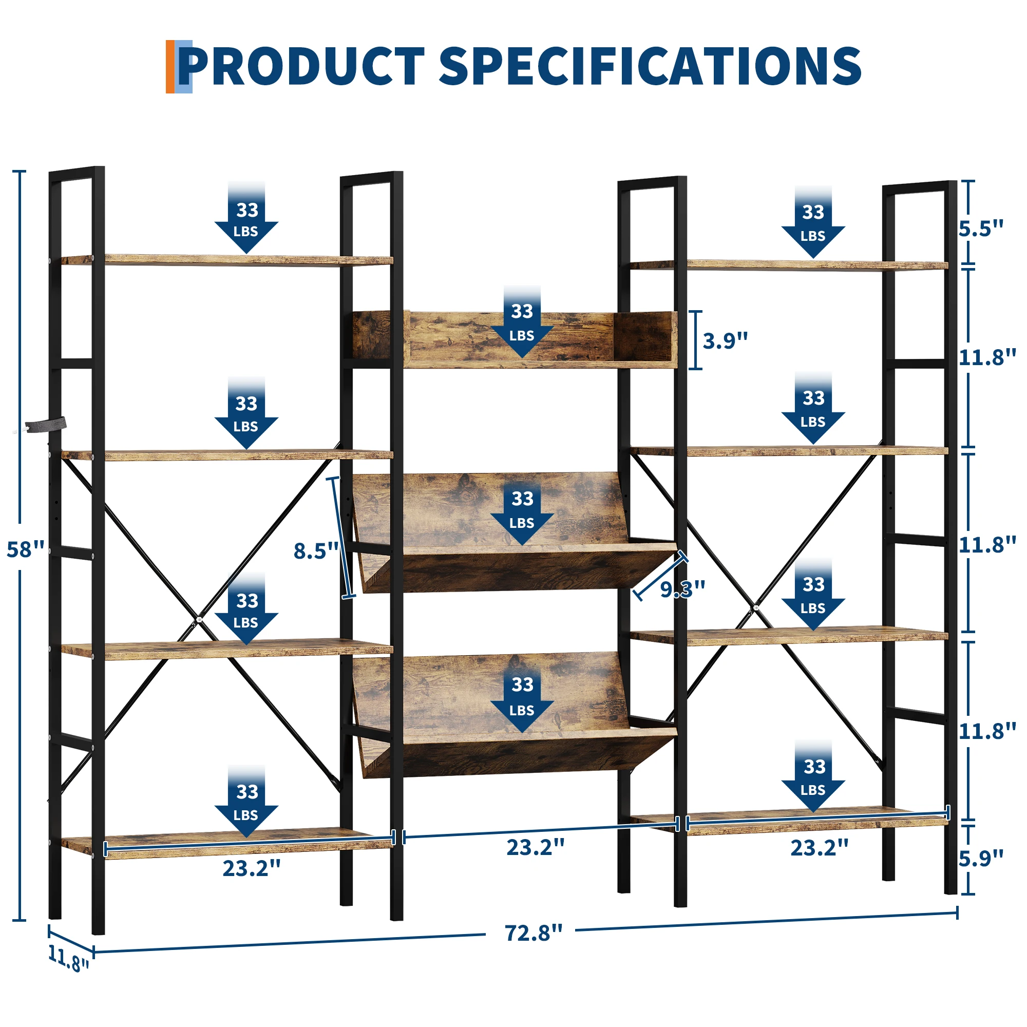 Industrial Bookcase,Triple Wide 4 Tiers Industrial Bookshelf with 11 Open Display Shelves,Open Record Player Shelves with Metal Frame  for Living Room Home Office Bedroom