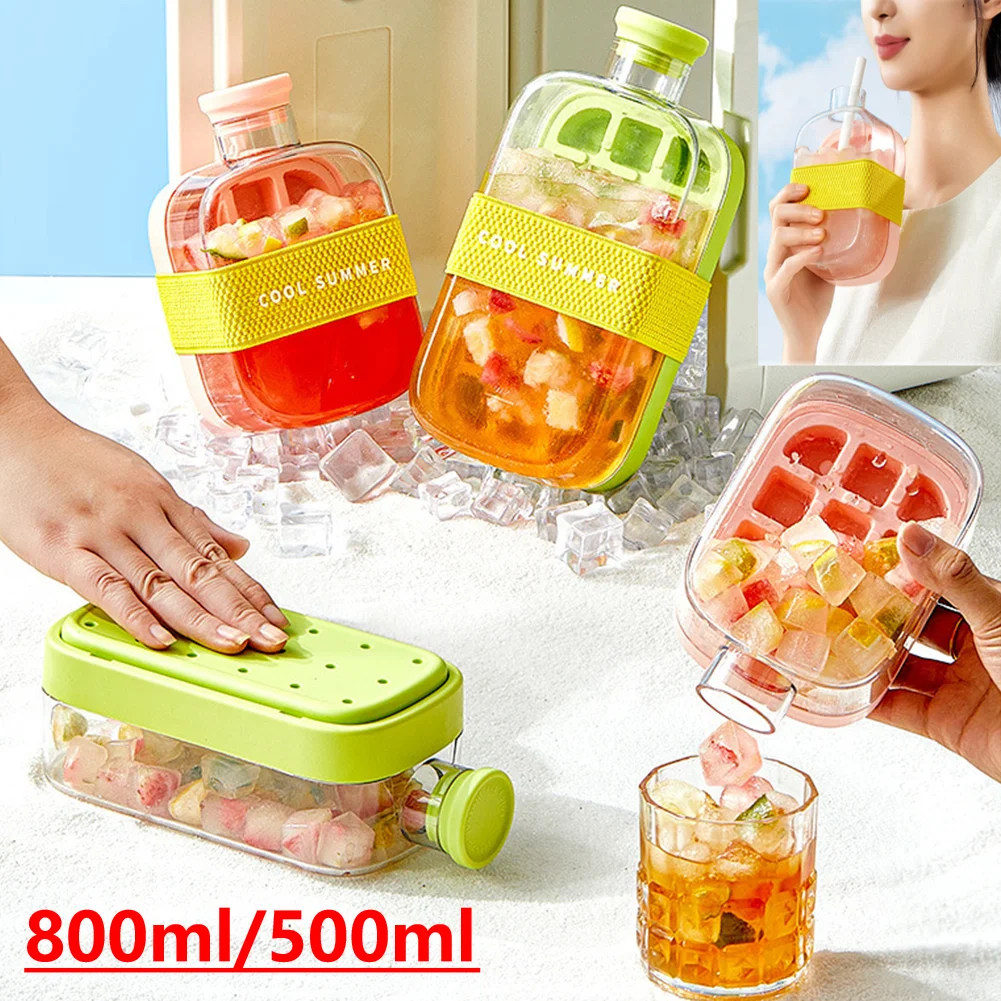 500/800ml 2-in-1 Ice Cube Water Bottle Set One-click Portable Ice Maker Kettle with Straw Lce Making Cup Outdoor Fitness Drink