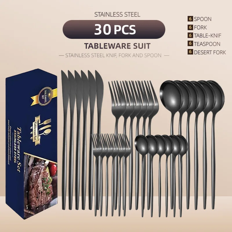30-piece Set of Stainless Steel Tableware, Knives, Forks and Spoons, Coffee Spoons, Desserts, Spoons and Forks Set