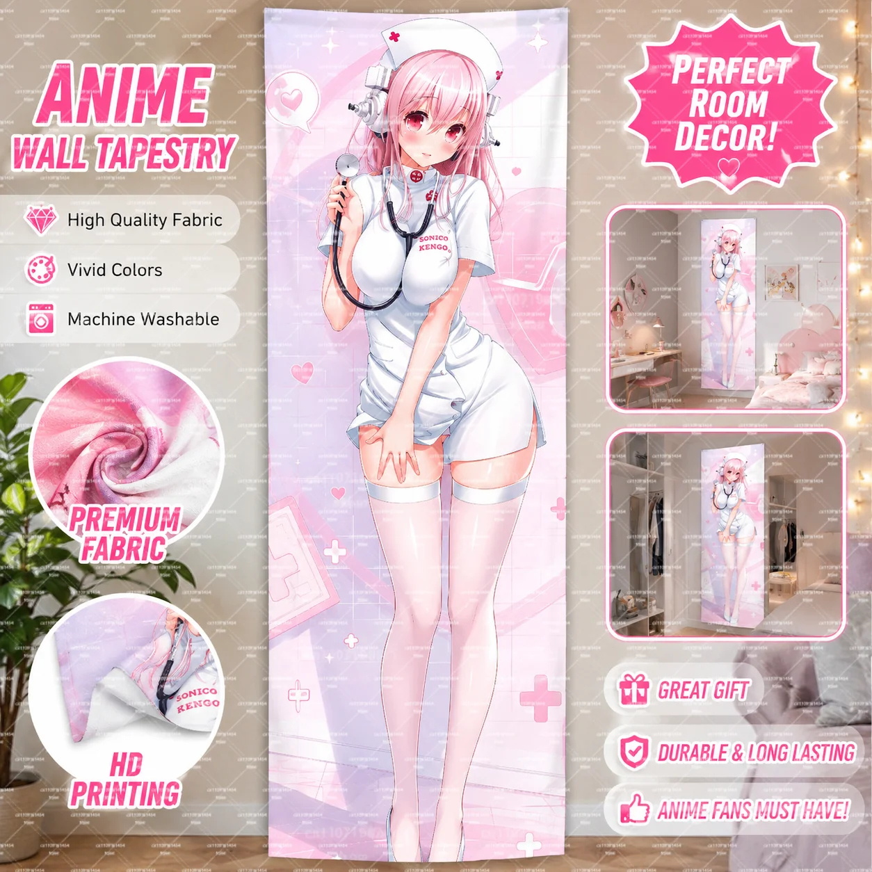 S-Super S-Sonico Nurse Outfit Vertical Tapestry, Pink Medical Background Anime Wall Hanging for Bedroom Decor