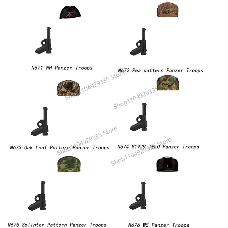 N671-N676 WW2 شخصيات الجندي العسكري اللبنات التمويه القوات المدرعة المحارب اكسسوارات خوذة بندقية الطوب لعب الصبي