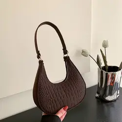 Women's Crocodile Grain Underarm Bags Felt Fashion Shoulder Bag Cute Simple Moon Shape Handbags Female Purses