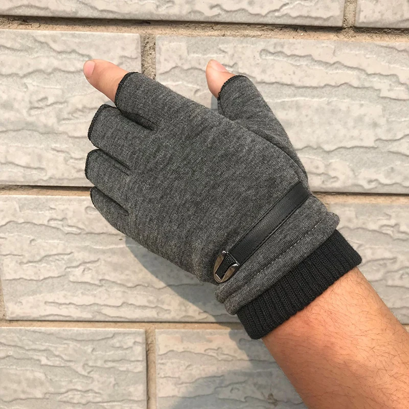 Man Autumn Winter Suede Plus Velvet Keep Warm Outdoor Sports Half-Finger Gloves Fashion Solid Elasticity Drive Cycling