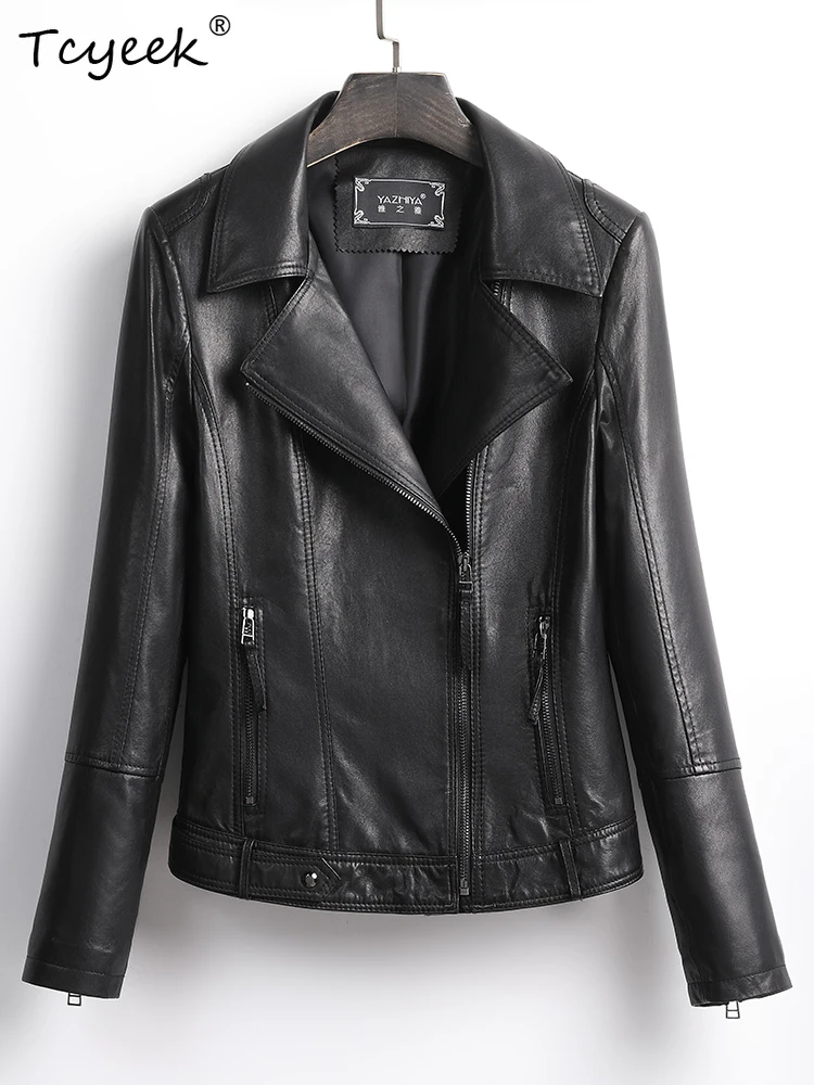Tcyeek Giacca in pelle da donna in pelle di pecora Primavera Autunno Colletto del vestito a maniche lunghe Giacca da moto corta nera Chaqueta Cuero Mujer