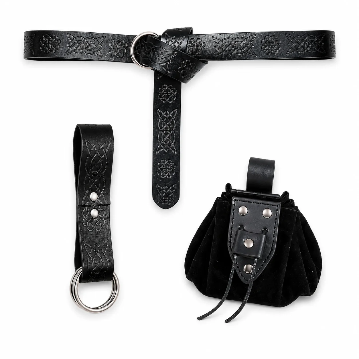 Celtic Leather Belt and Pouch Set, Medieval Waist Bag with Ring Holder, Adjustable Viking Costume Accessories for LARP view 3