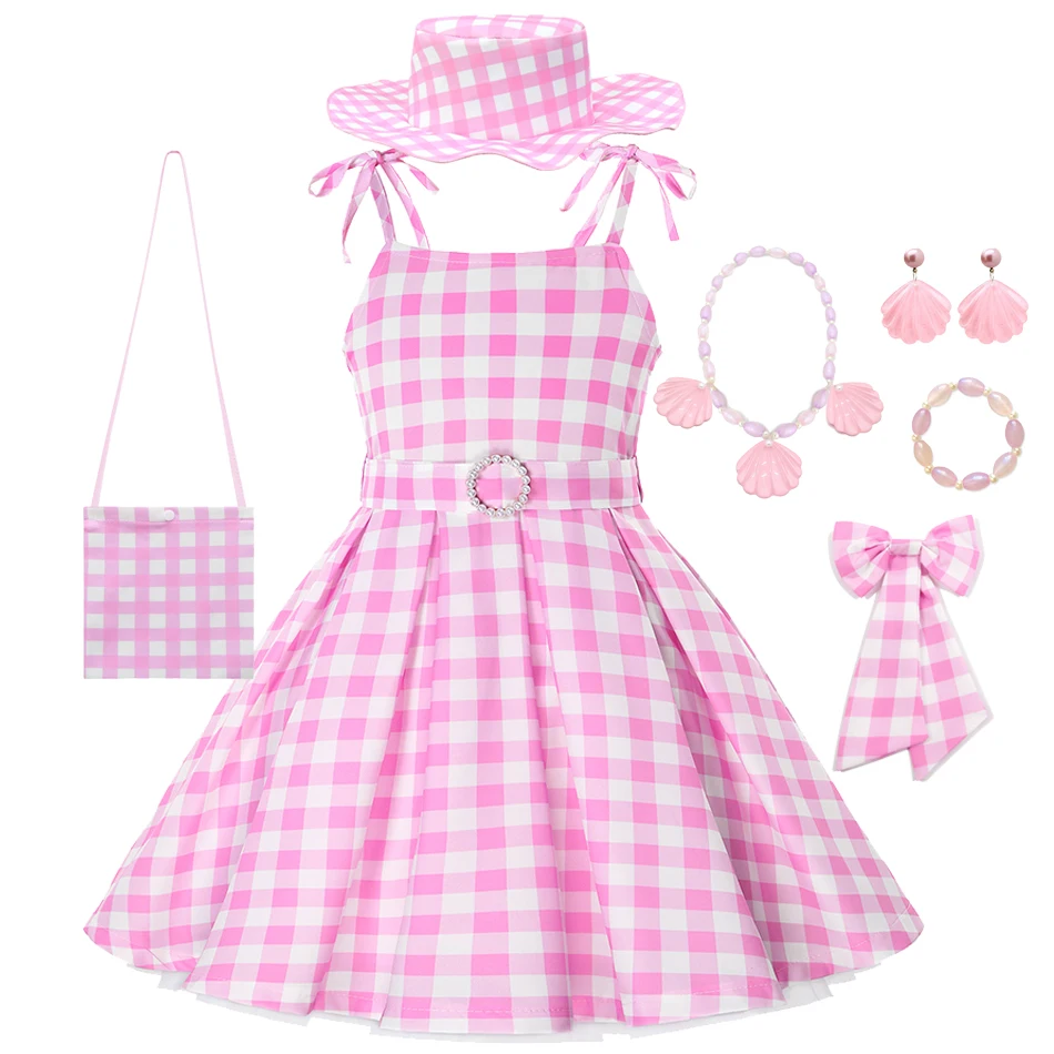 Fashion Girls Movie Barbi Princess Dress Cosplay Costume Pink Plaid Summer Holiday Beach Barbi Outfit Birthday Party Kids Dress