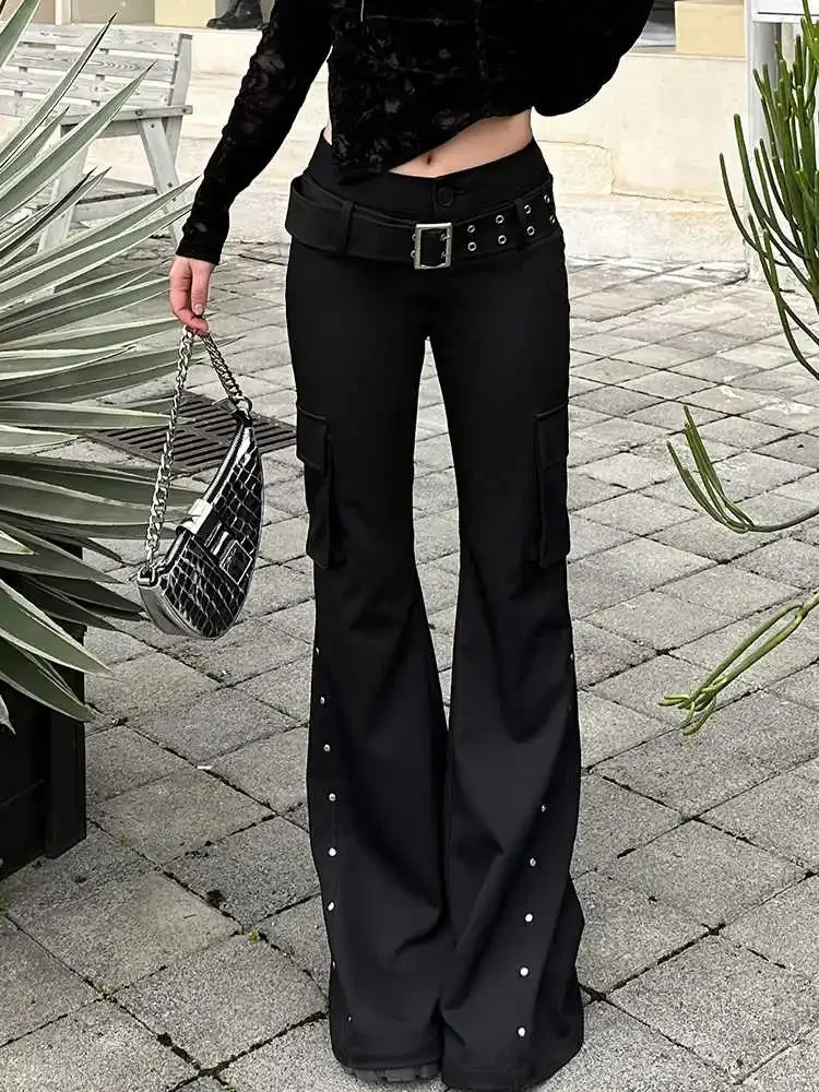 Vintage Harajuku Y2K Black Gothic Pants Women Low Rise Rivet Design Flare Trousers 2000s Streetwear Casual Goth Pantalones