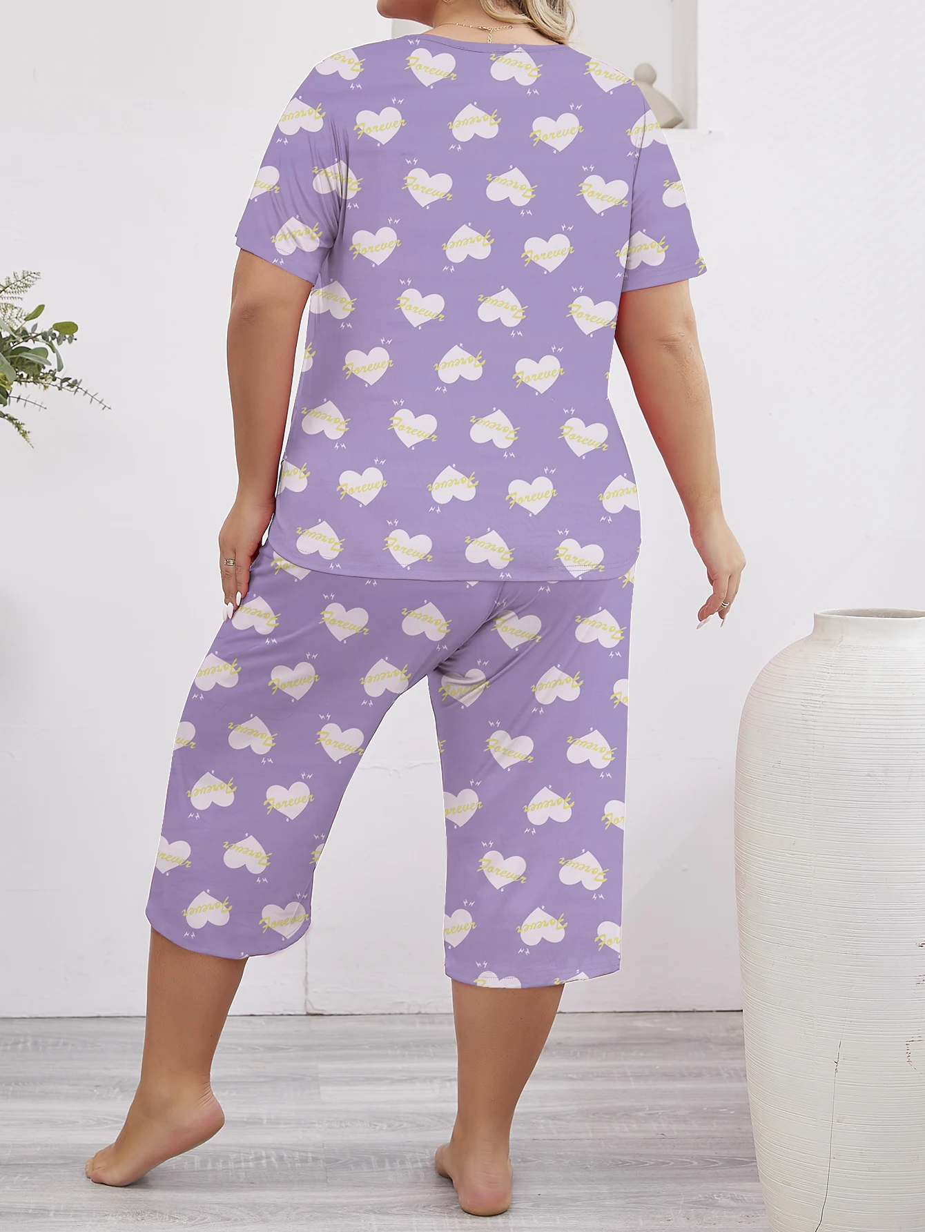 Large casual women\'s sleepwear set cute love printed purple T-shirt&cropped pants home clothes 2-piece set