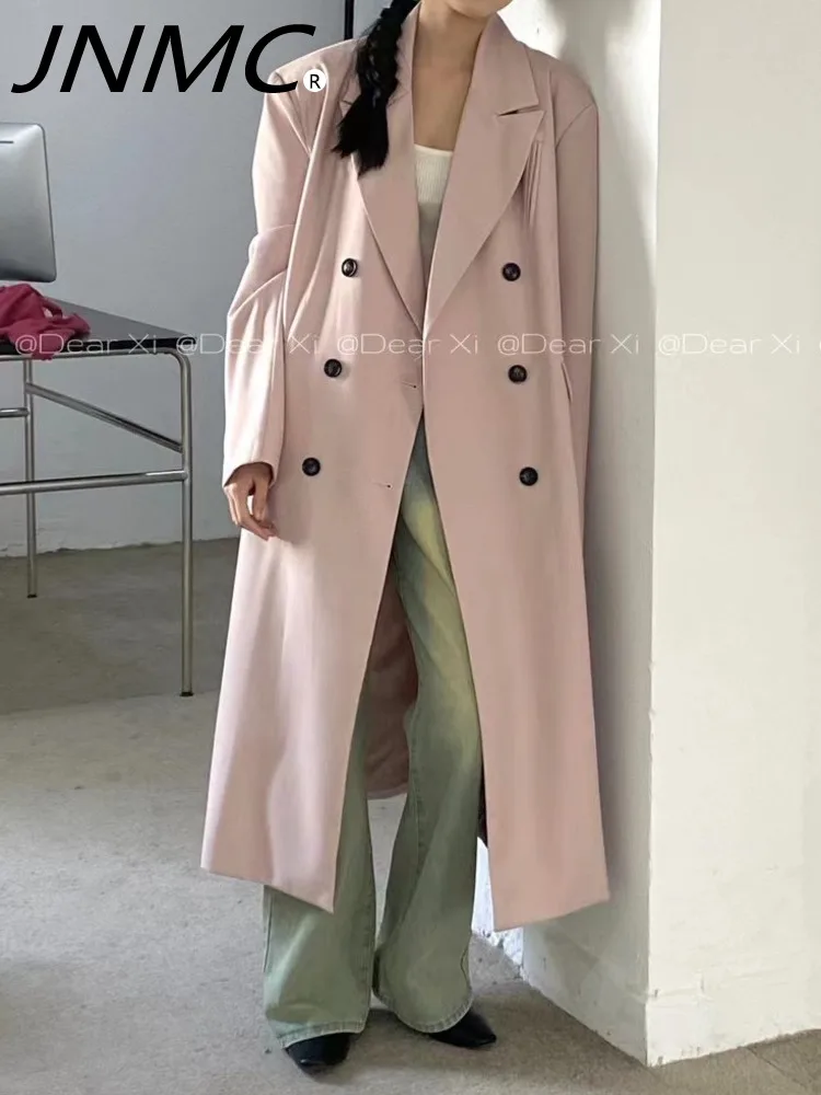 

JNMC 2024 Women's Solid Color Design Coat Double Breasted Long Lapel Fashion Trench Coat Pocket Straight Tube Cold Jacket