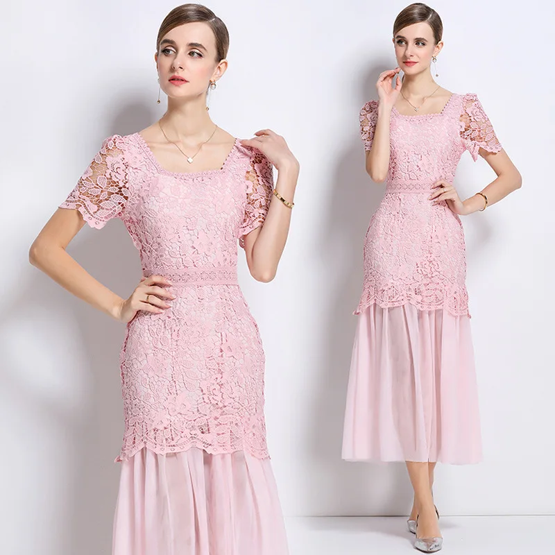 新しい8585 #   高級レーススクエアカラーガウン エレガントで淑やかなスタイル メッシュスプライシング 秋用 厚手織物ミディドレス