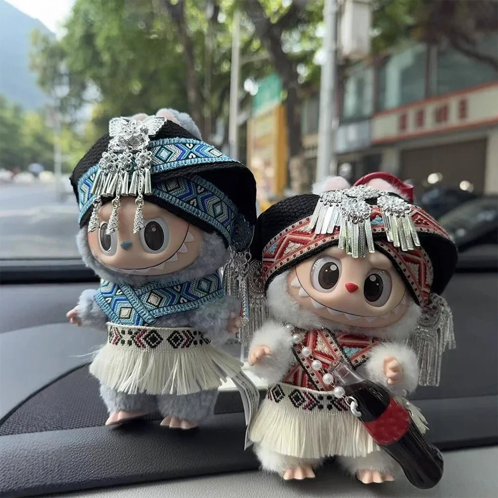 Ropa para muñecas Labubu, accesorios, ropa étnica Zhuang, sombreros para muñecas Labubu V2 V1, bonito vestido de Cosplay a rayas