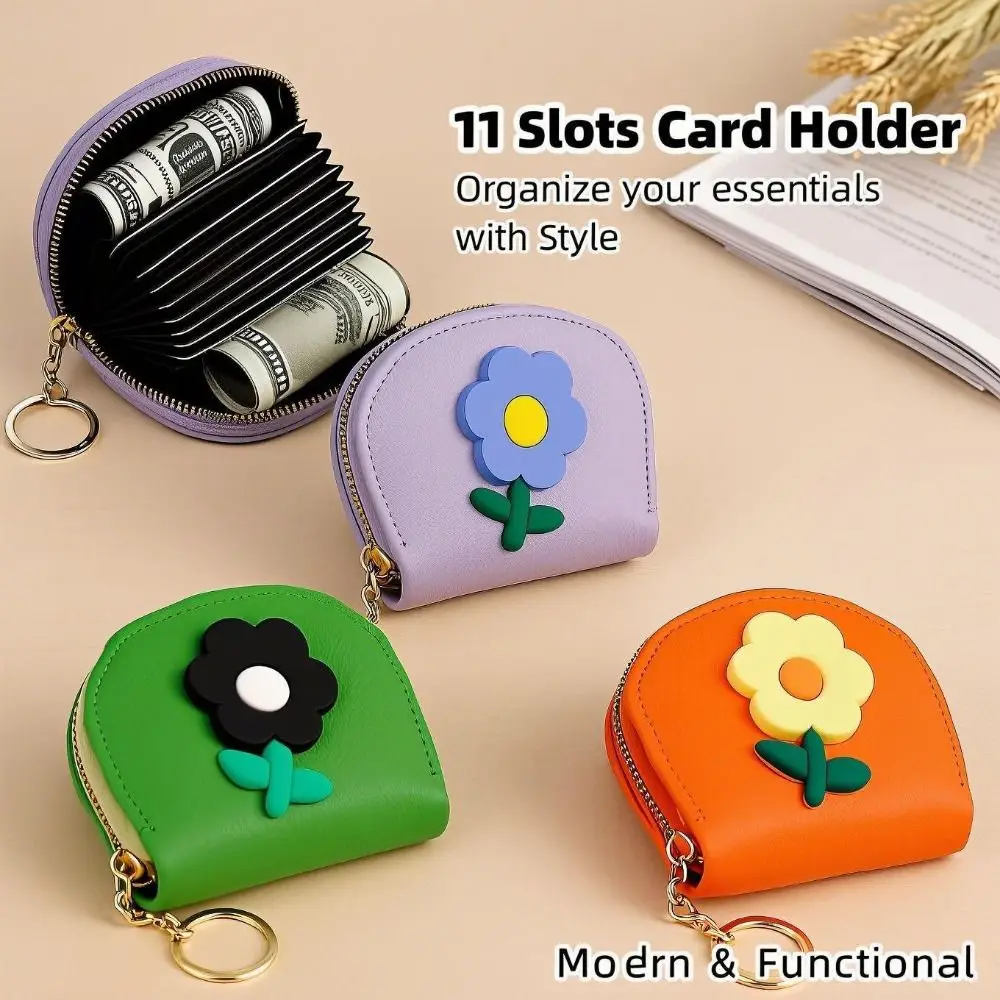 

Cute 11 Slots Mini Organ Card Holder with Keychain Flower Design Cartoon Flower Card Bag Compact Portable Zipper Coin Pouch Kids
