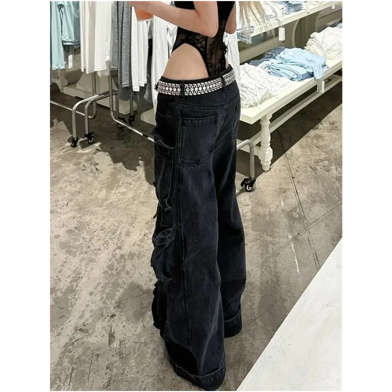 American Retro High Street Jeans Donna Casual 2000s Streetwear Tasche multiple Pantaloni larghi in denim Y2K Pantaloni larghi a gamba larga Grunge