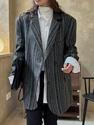 Autumn and winter women's casual striped single breasted pocket decoration loose jacket