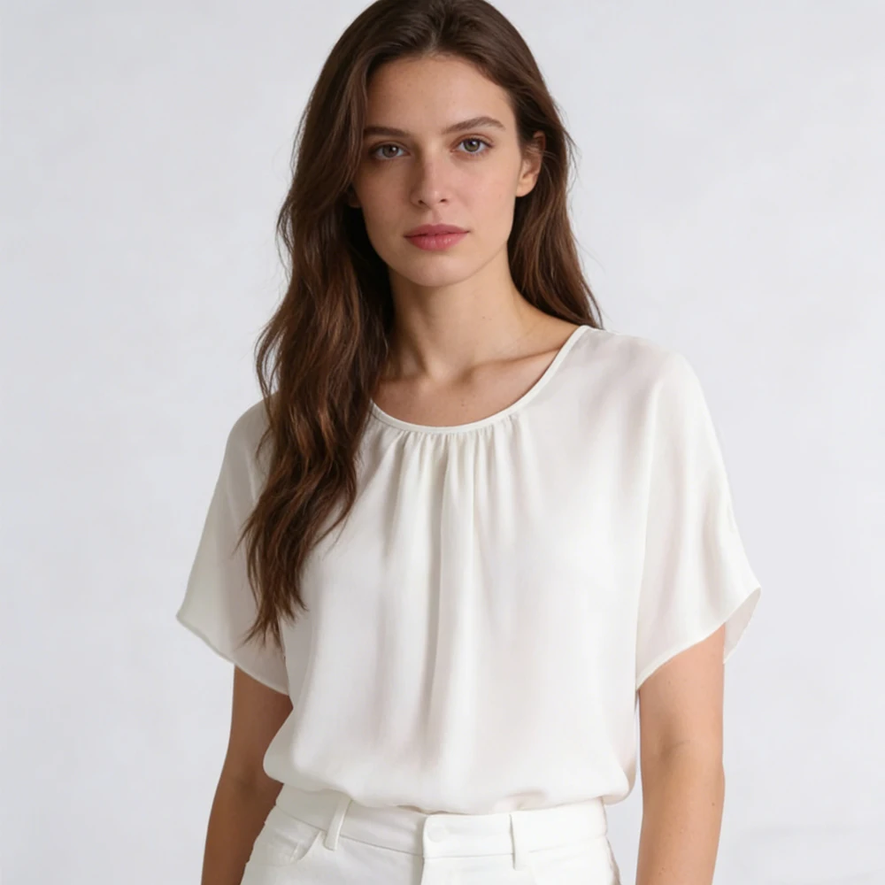 2026 Women's Casual Summer New 100% Natural Mulberry Silk Ghost Crepe Gray Green Round Neck Short Sleeved Versatile T-shirt