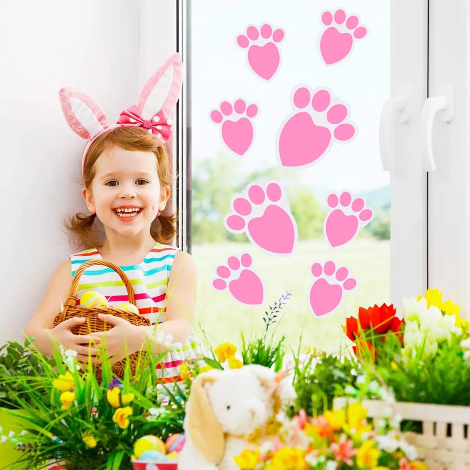 Easter Bunny Footprint Stickers 9 Pieces Cute DIY Self Adhesive PVC Clings Bunny Feet Print Floor Decal Clings For Glass Mirror