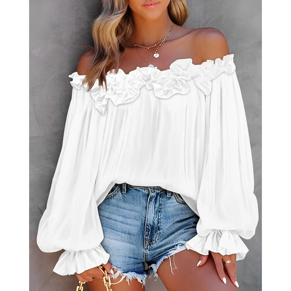 Women's Fashion Ruffle Hem Lantern Sleeve Off Shoulder for Women Casual Long Sleeve Pink Blouse Femme Elegant y2k Tops Summer