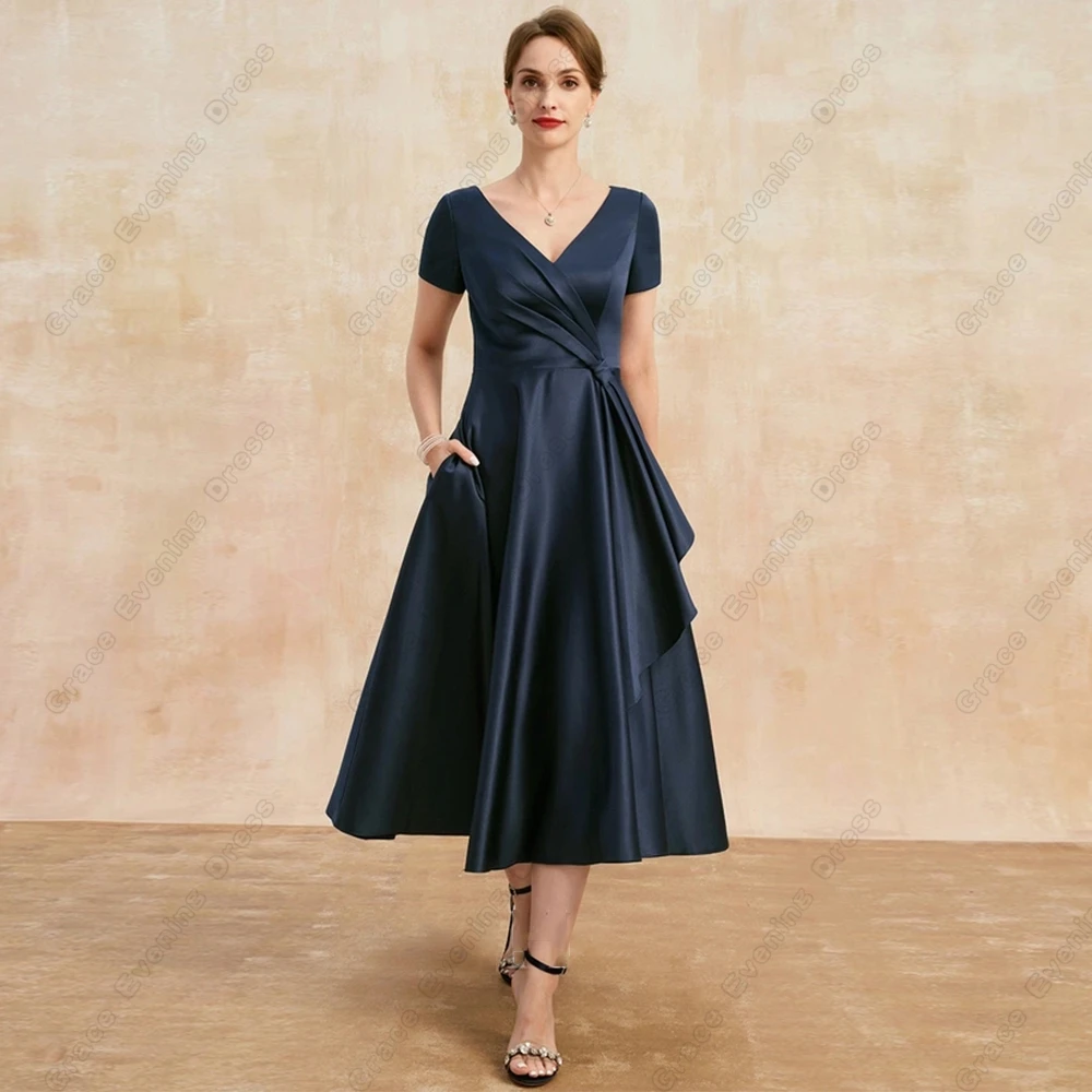 Navy Blue Mother of Bride Dresses with Lace Tea Length Strapless Wedding Party Dresses with Pocket 2023 Summer Robe De Soirée