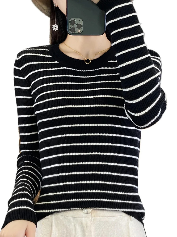 

Women Sweater O-neck Striped Long Sleeve Warm Pullovers Autumn Winter Knitted Sweater Spring Fashion Korean Bottoming Shirts