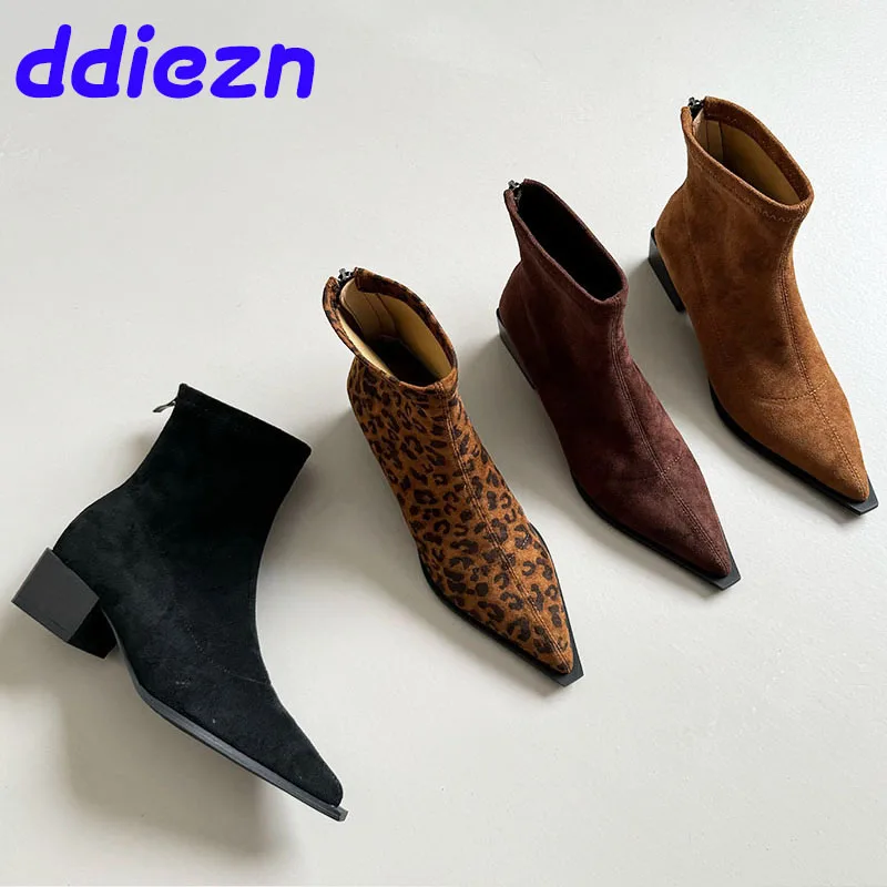 Fashion Flock Footwear Women Ankle Boots With Zippers Shoes Pointed Toe Ladies Short Stretch Booties Female Heels Shoes