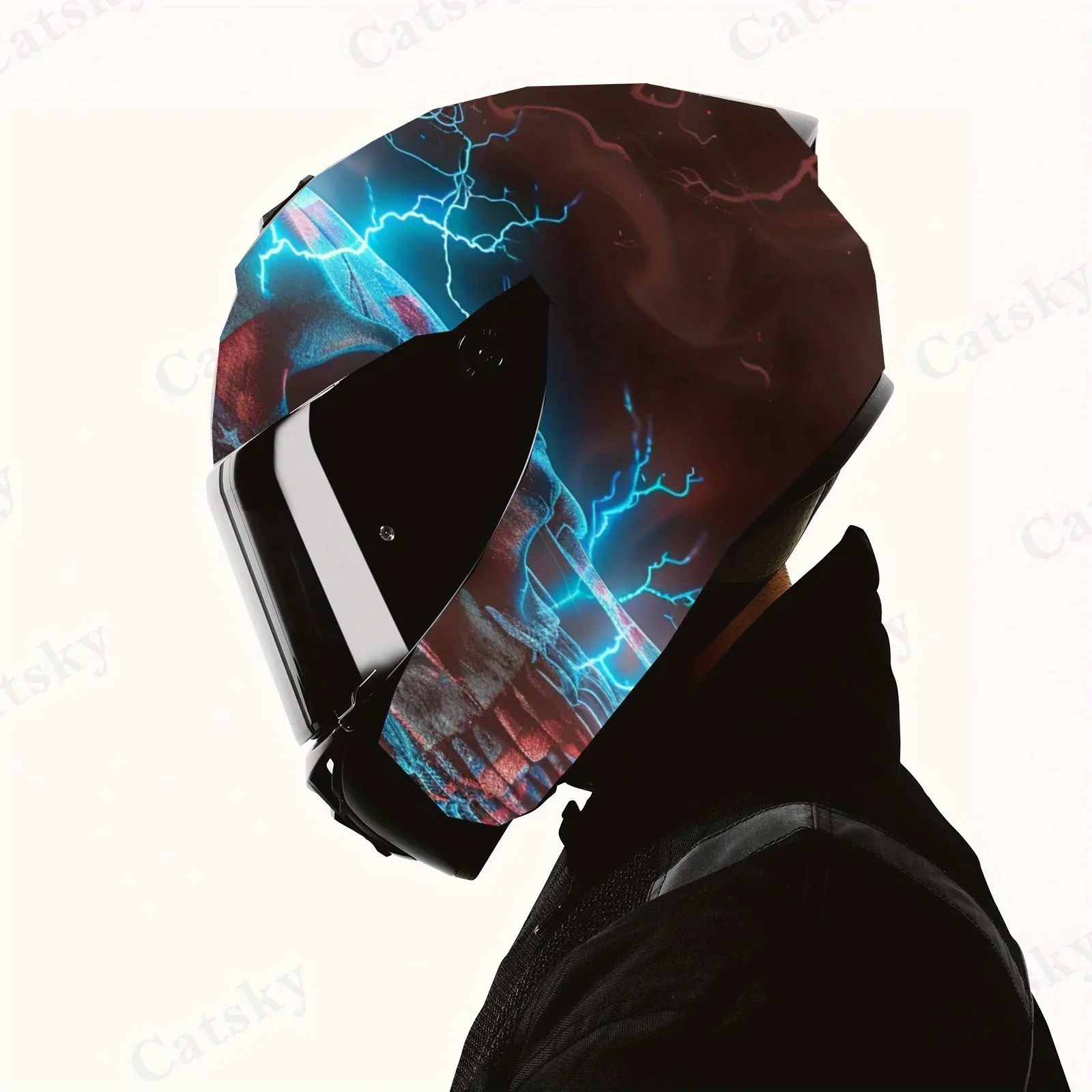 Envoltura de vinilo para casco de motocicleta de PVC con calavera americana de relámpago azul, pegatina autoadhesiva impermeable, película decorativa antiarañazos f