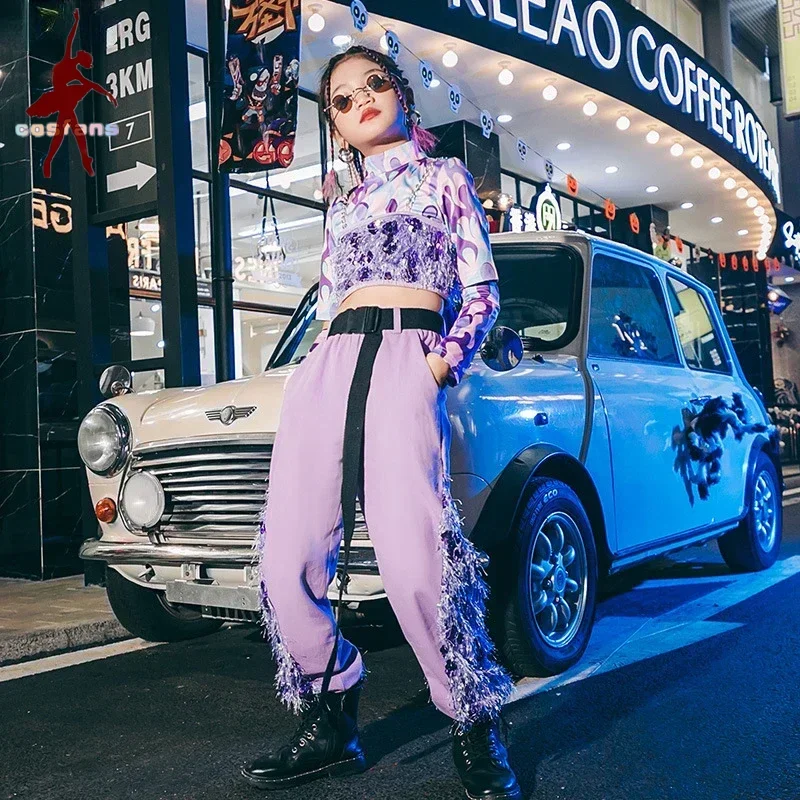 Kinder Street Hip Hop Mädchen Crop Top Lila Pailletten Jacke Jogger Kleidung Outfit Kind Mode Kostüm Teen Street Dance Hosen