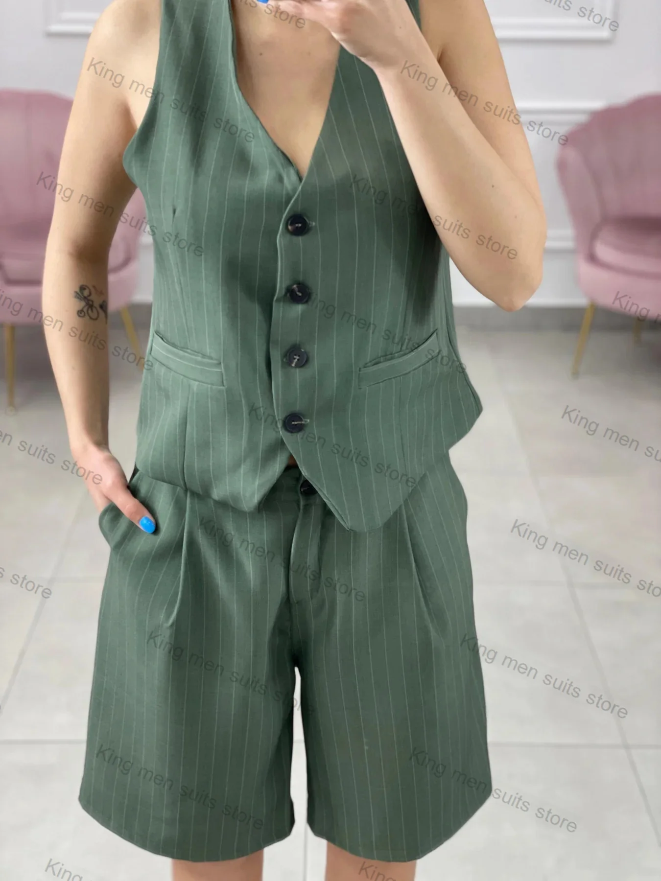 Summer Women Suits Pants Set Green 2 Piece Vest+Short Trousers Daily Casual Custom Size Sleeveless Coat Hot Girl Wear