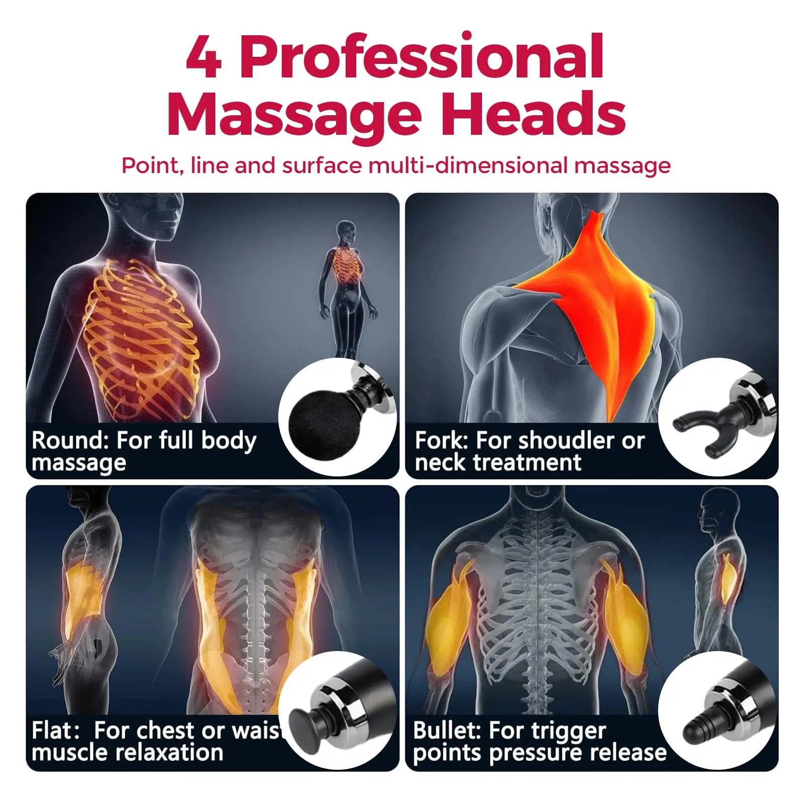 Deep Tissue Massage Gun for Back & Full Body – Long Handle Percussion Muscle Massager with 4 Replaceable Heads, Adjustable Spee