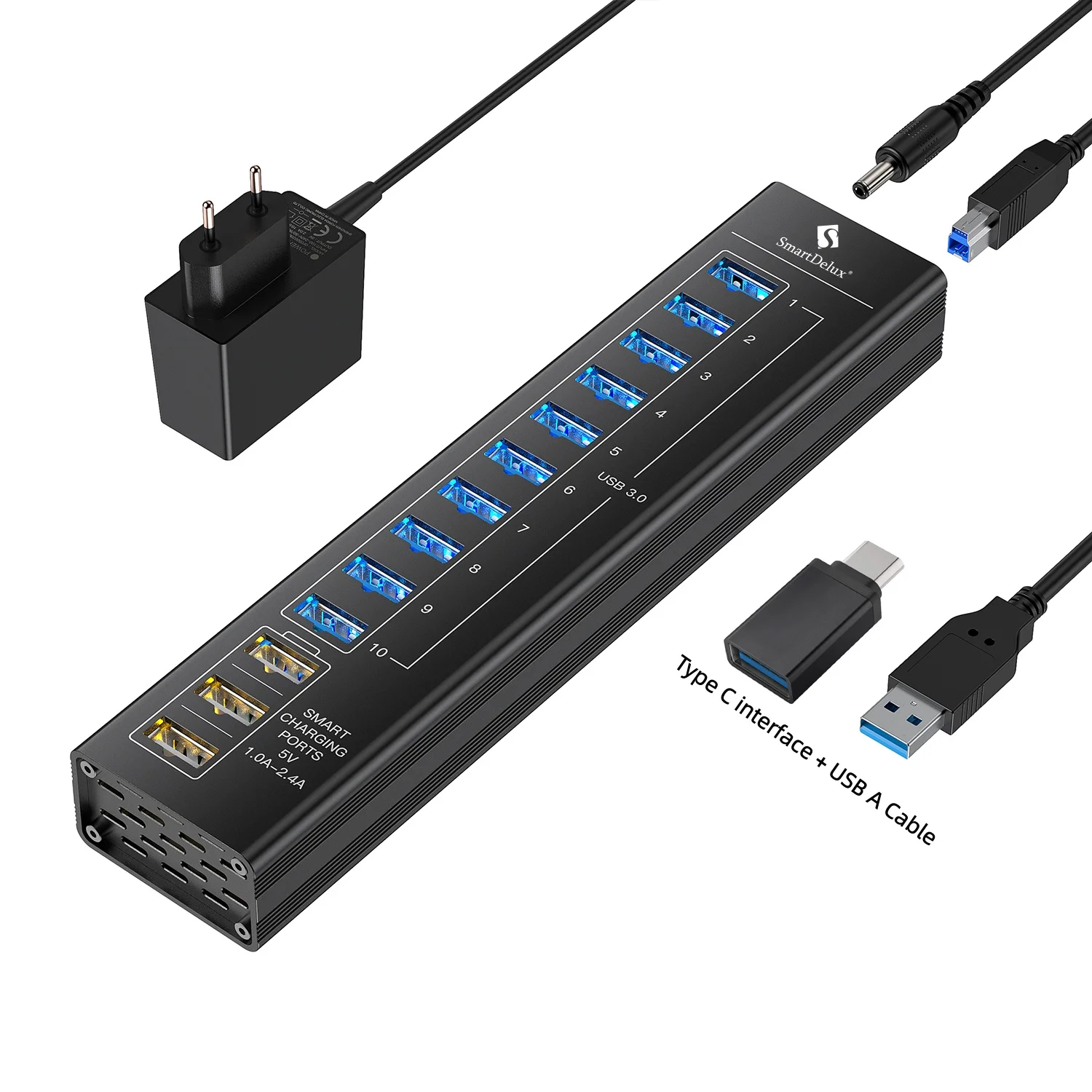 NONE 7/13 Ports USB Hub 3.0 5 Gbit/s Aluminium LED Licht USB A 3.0 Hub Splitter Verlängerung Dock 5V Netzteil für Laptop Desktop 3