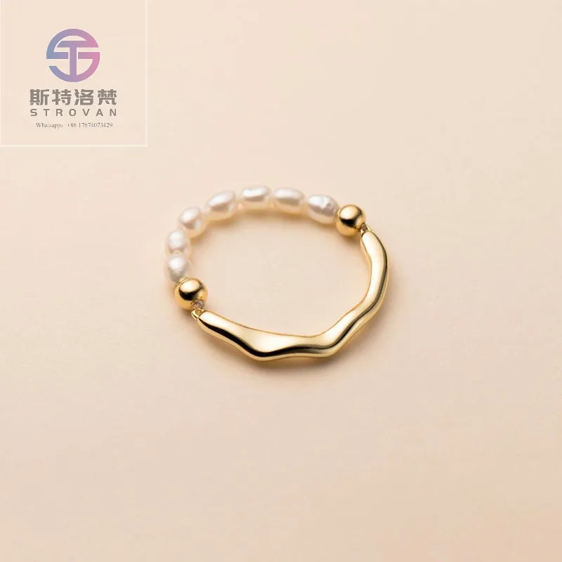 

Fashion 18K Gold Plated Geometric Jewelry Adjustable Elastic Rope Pearl Ring for Women 925 Sterling Silver Jewelry
