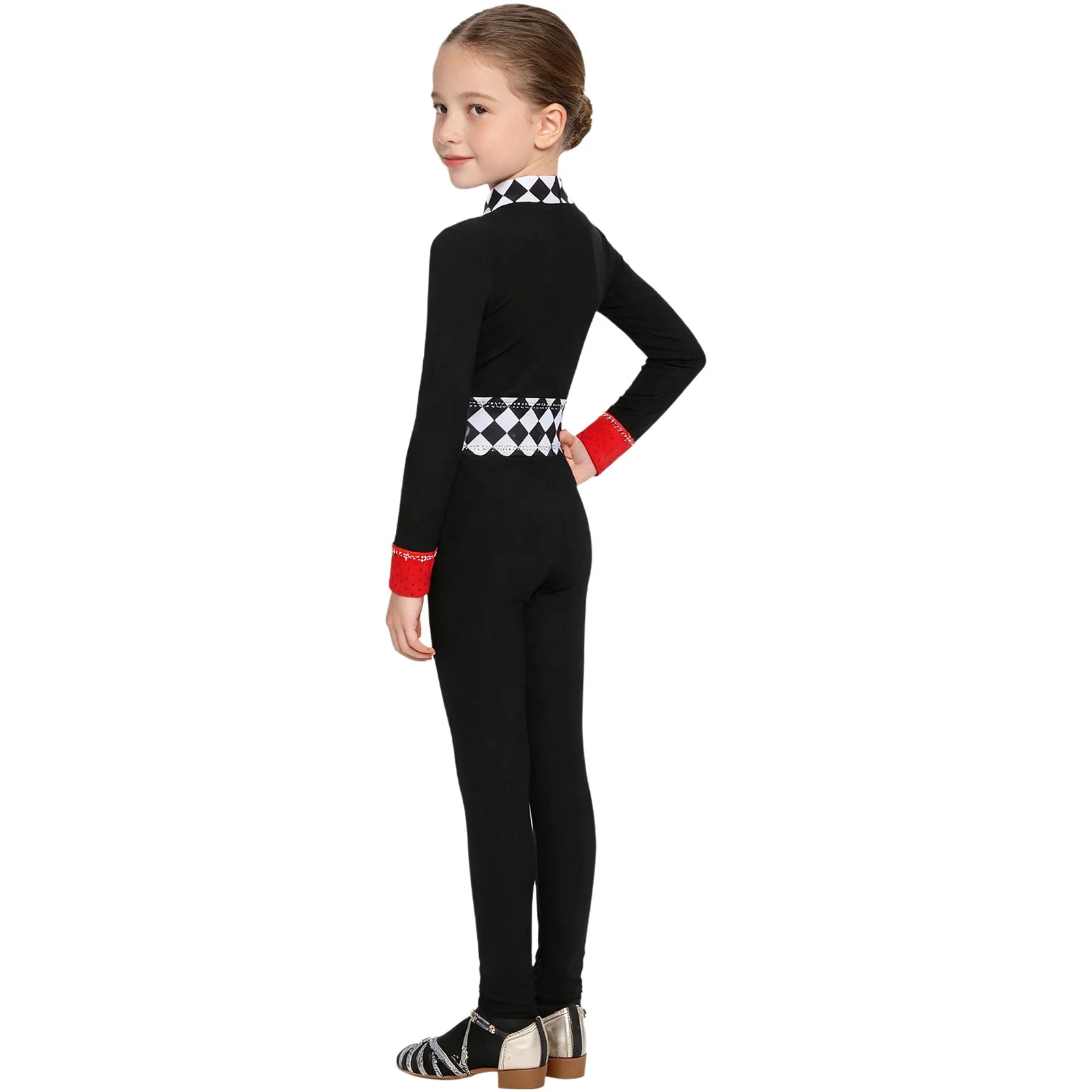 Kids Checkerboard Stripes Gymnastic Bodysuit for Masquerade Performance Girls Ballet Dance Leotard Circus Clown Costume Jumpsuit