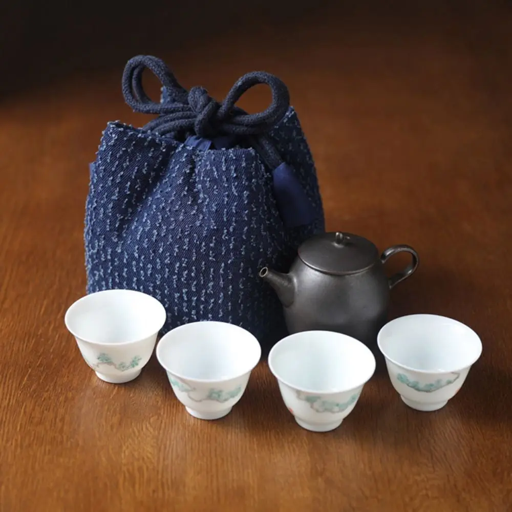 Chinese Style Teapot Cup Cotton Protect Cloth Bags Breakage-proof Dustproof Teacup Drawstring Cloth Pouch Denim Practical