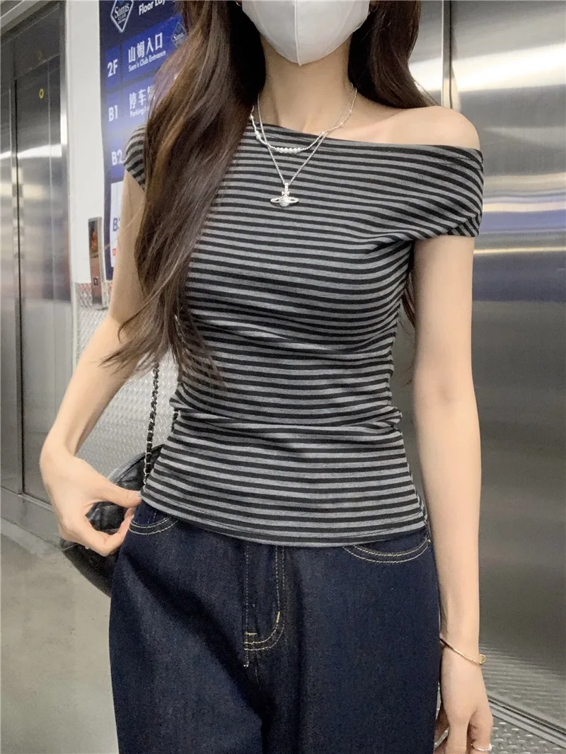 New Arrivals Striped Kpop T-shirt Women Sexy Off Shoulder Slim Tshirt Woman OL Ladies Skinny Cute Crop Top Tee Shirt Clothing