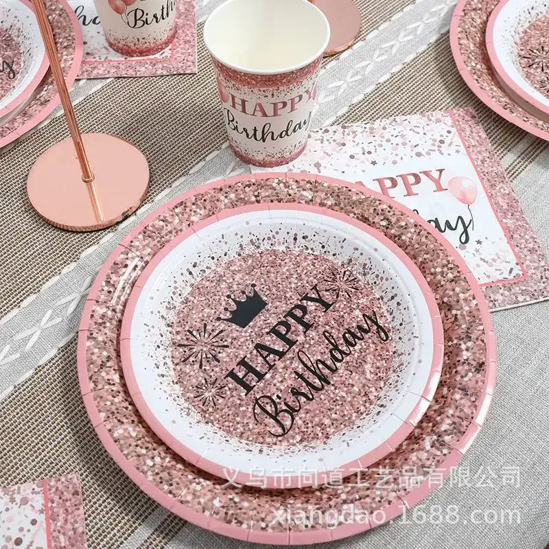 10Guests Pink Happy Birthday Party Disposable Plate Napkin Cups Cheer Queen Princess Rose Gold Birthday Party DIY Girls Favor