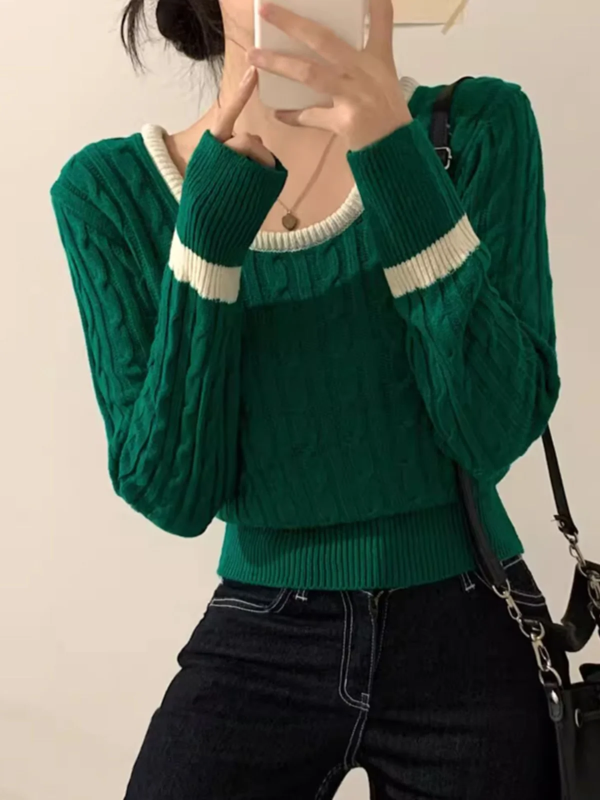 여성용 니트 스웨터 레트로 스퀘어 칼라 긴 소매 오버 헤드 탑 슬리밍 짧은 스타일 이너웨어 한국 스타일 통근