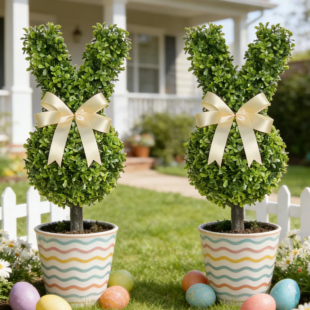 

Artificial Easter Bunny Topiary Green Faux Rabbit Shaped Topiary Tree Pot Fake Plant Easter Plant for Porch Decor Outdoor Indoor