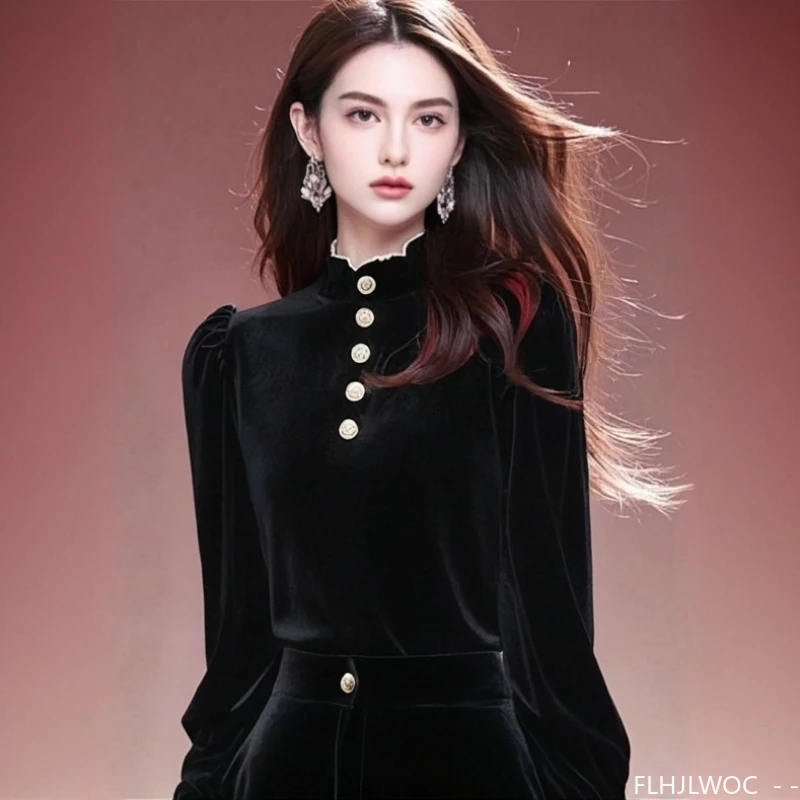 

Элегантные черные бархатные топы, блузки, новогодние женские осенне-зимние базовые водолазки с длинными рукавами во французском стиле с блестящими пуговицами