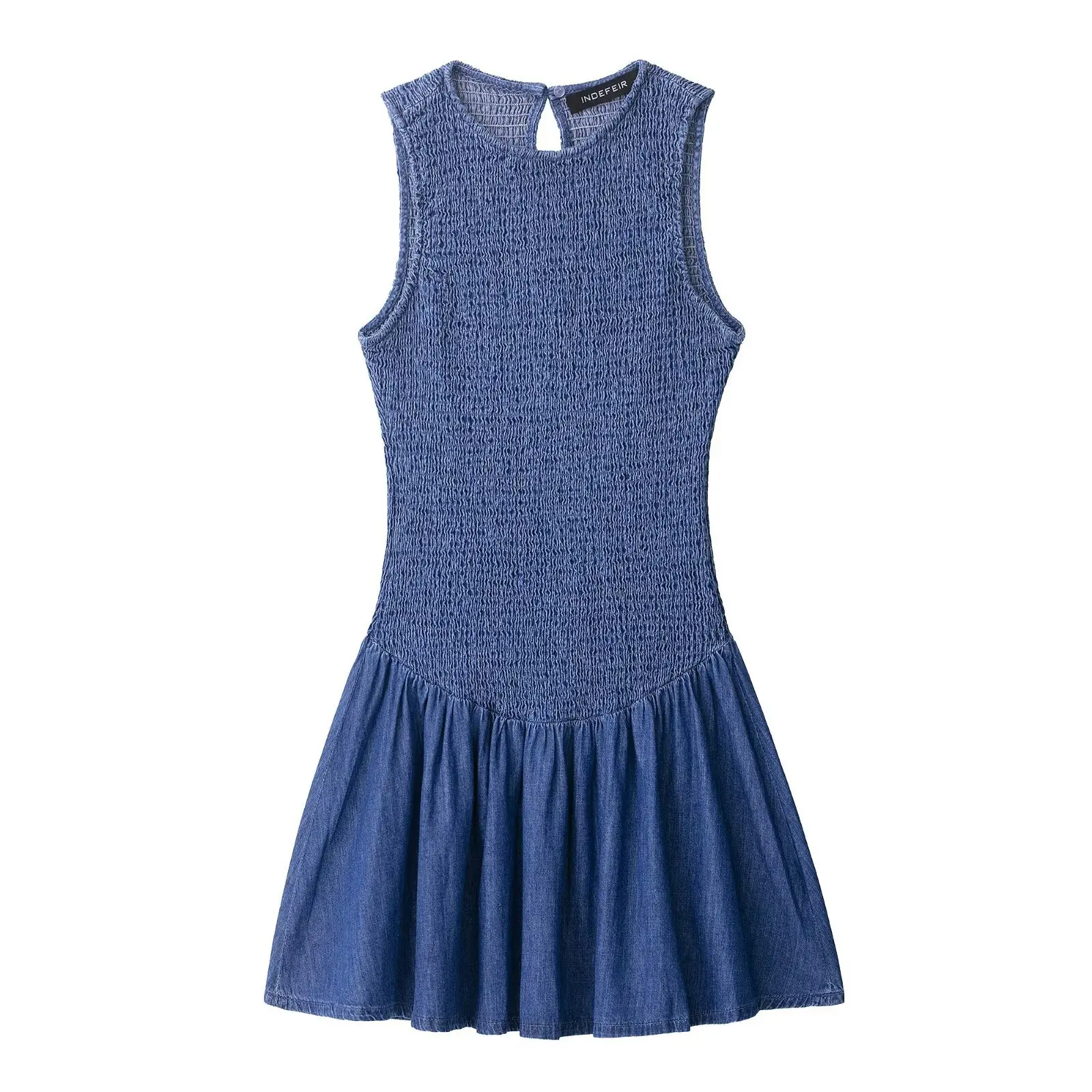 

2025 Vintage Women Fashion Pleated Mini Dress Sleeveless Ruffle Denim Short Dress Women Commuter Casual Dress