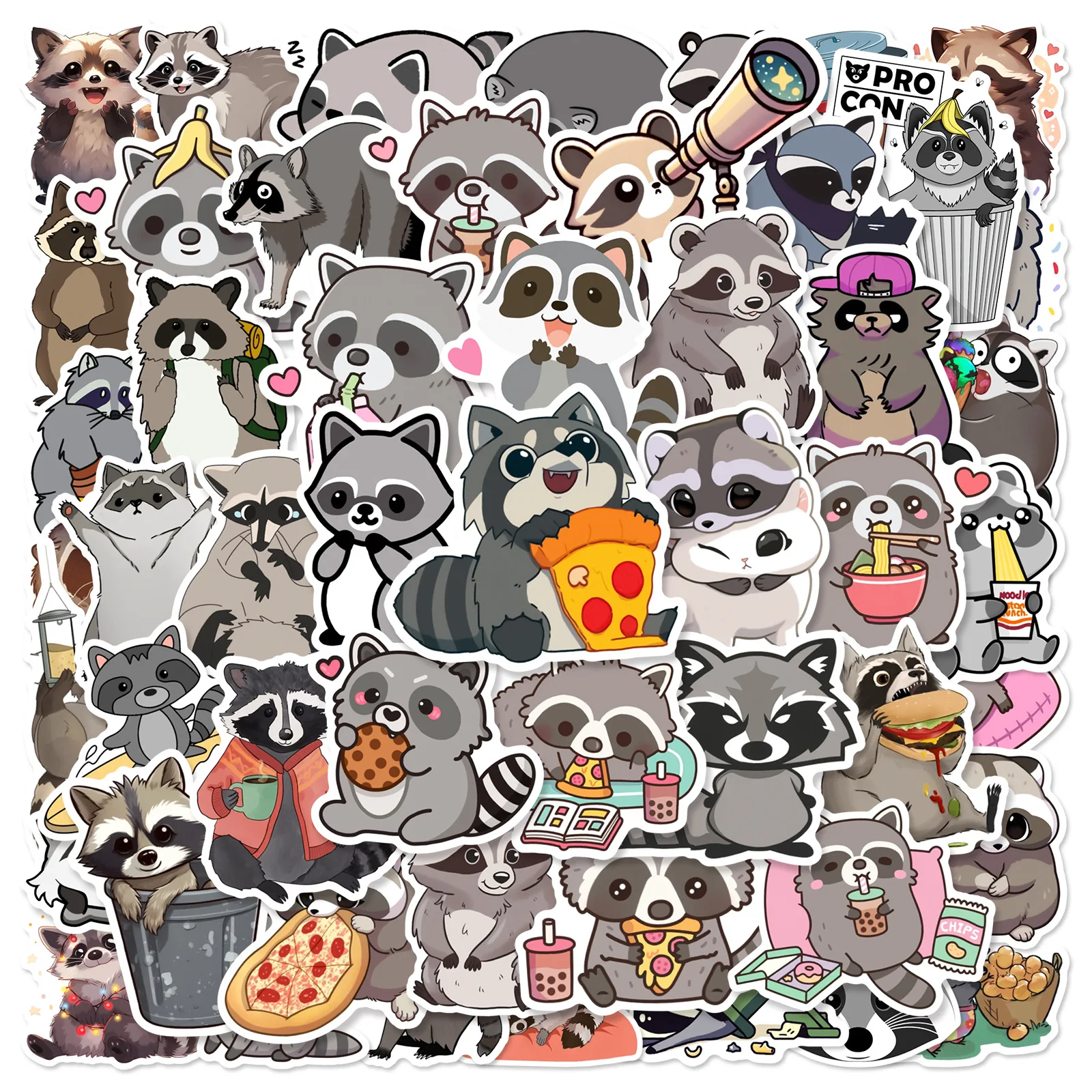 

50Pcs/Bag Cute Raccoon Graffiti Stickers Trolley Box Insulated Cup Storage Box Refrigerator Decoration Non Repeating Stickers