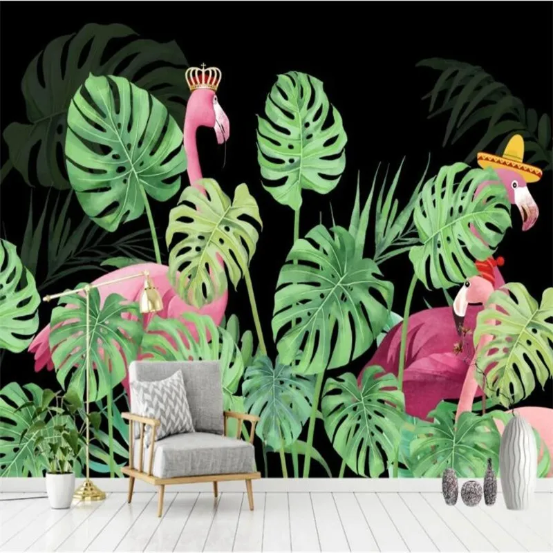 

Hand Painted Green Tropical Plants Flamingos Mural Wallpaper for Living Room Bedroom Background Walls 3D Wall Papers Home Decor